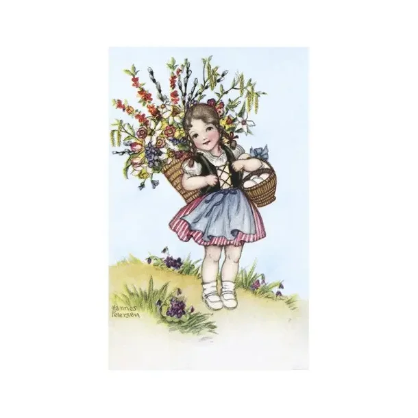 NOSTALGIKORT  JENTE MED BLOMSTER I RYGGSEKKEN