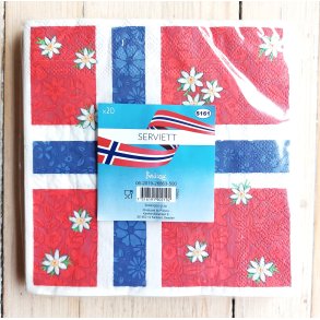 SERVIETTER NORGESFLAGG m hvite blomster 20 stk 33 x 33 cm