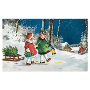 NOSTALGIKORT: SM�JENTER MED JULETRE P� KJELKE