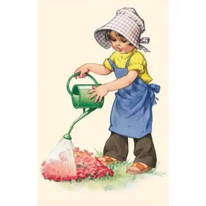 NOSTALGIKORT  JENTE MED GR�NN VANNEKANNE