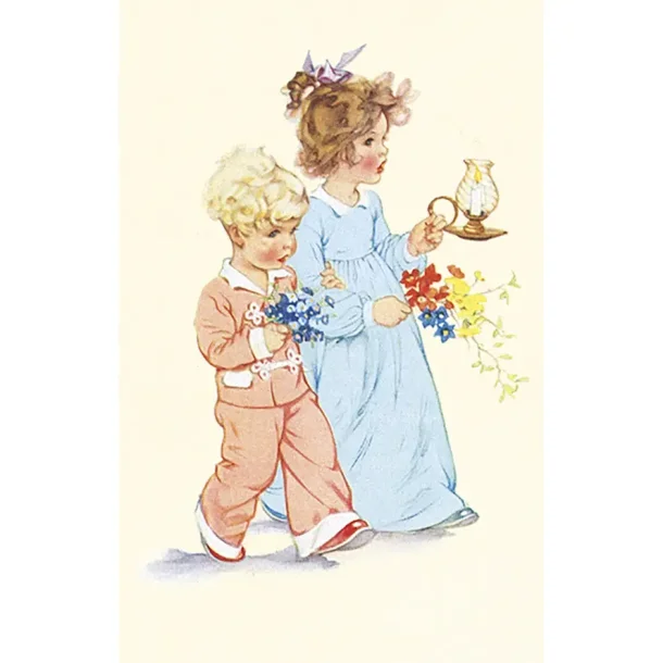 NOSTALGIKORT: BARN MED NATTLYS OG BLOMSTER