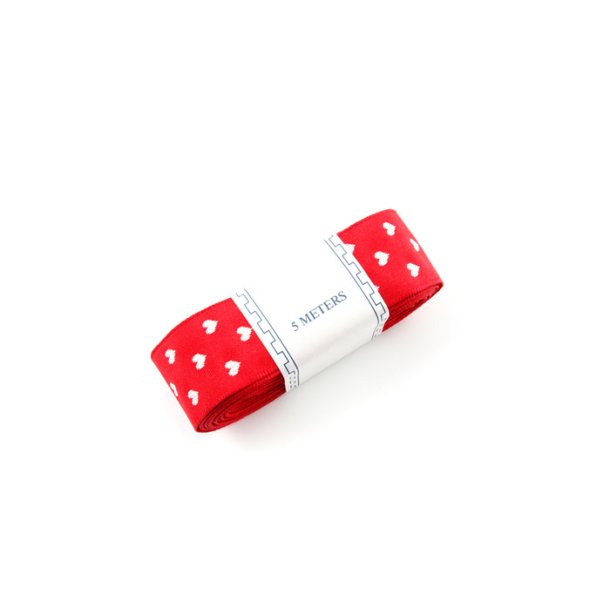 "SILKEBND" (polyester) RDT MED HVITE HJERTER 25mm