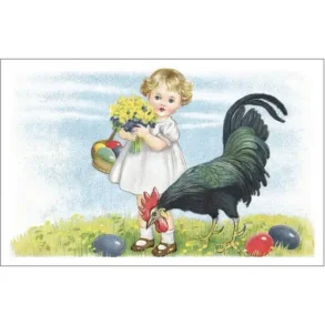 NOSTALGIKORT: JENTE MED P�SKEBLOMSTER OG EGG I KURV