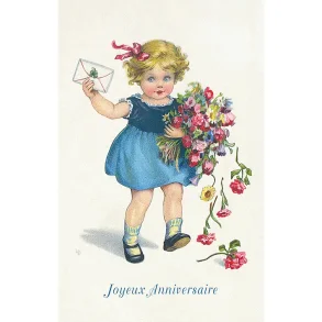 NOSTALGIKORT  JENTE MED BURSDAGSBUKETT