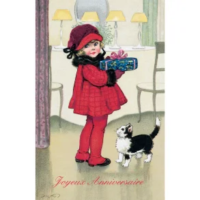 NOSTALGIKORT: JENTE I R�DT MED GAVE