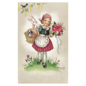 NOSTALGIKORT  JENTE MED GAVEKURV OG BLOMSTER