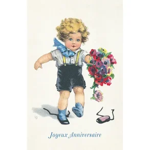 NOSTALGIKORT  GUTT MED BURSDAGSBUKETT