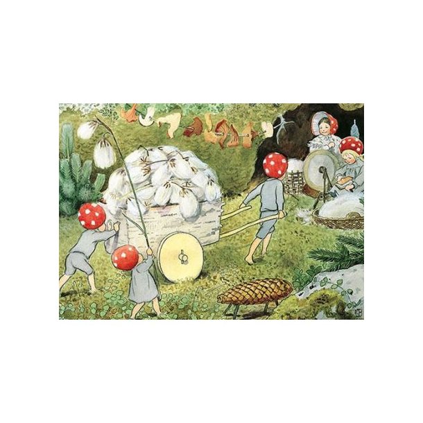 ELSA BESKOW: NISSEBOBARNA OG KJERRE MED DUNKJEVLER  (Tomtebobarnen k�rra) 10X15 CM